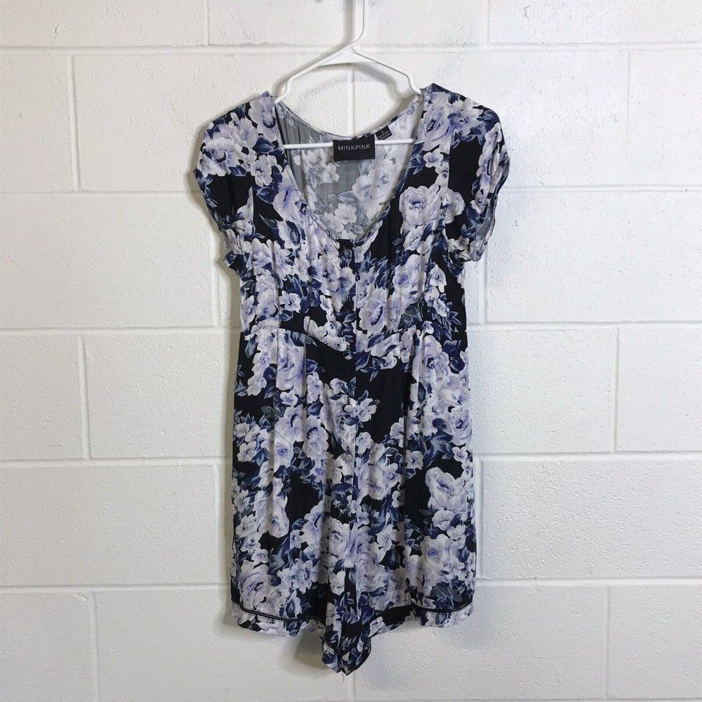 MINKPINK Womens Floral Romper Multicolored Blues Buttons Pockets Cap Sleeve Sz S